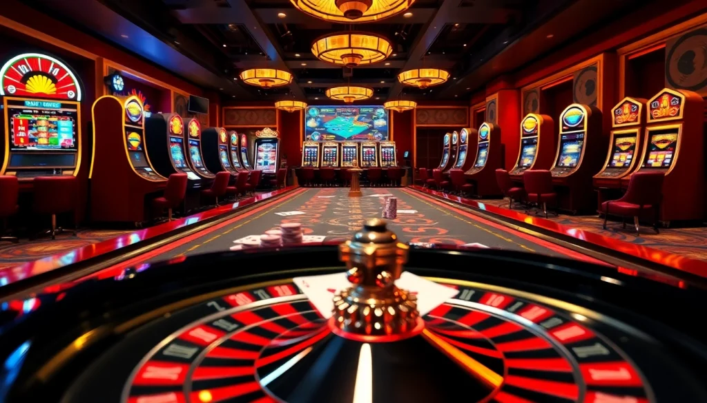 Experience excitement with đăng ký qq88 at a vibrant casino table filled with poker chips and colorful slot machines.