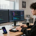 Engaging tech workspace showcasing a developer coding with dual monitors, emphasizing 纸飞机中文版 digital communication.