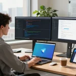 Developer working in a modern tech office featuring 纸飞机官网 applications on screens, showcasing productivity and innovation.