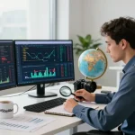 Data analyst examining financial crime intelligence in modern office with digital analytics.