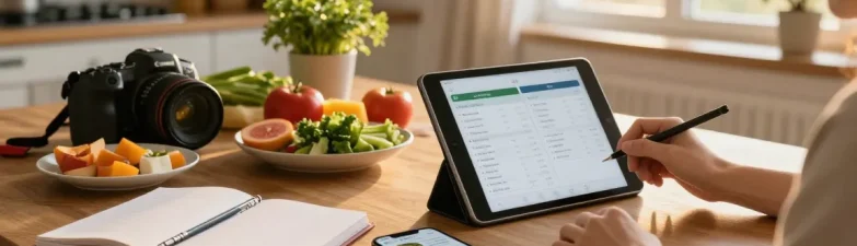 Explore the best food tracker in a warm kitchen scene with meal prep and nutrition logging.