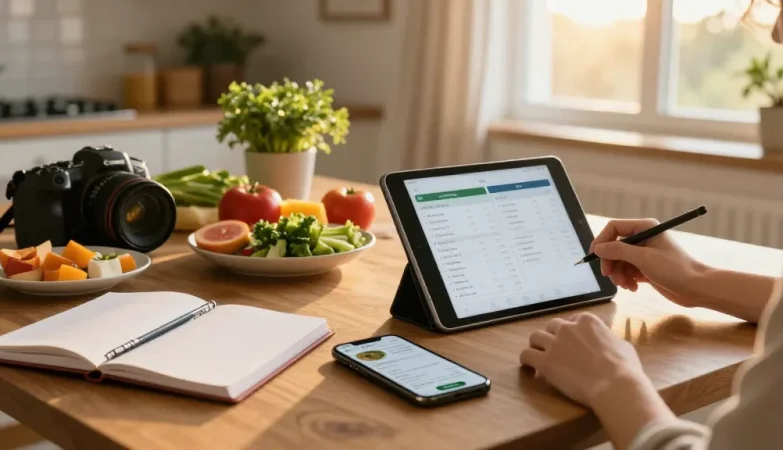Explore the best food tracker in a warm kitchen scene with meal prep and nutrition logging.